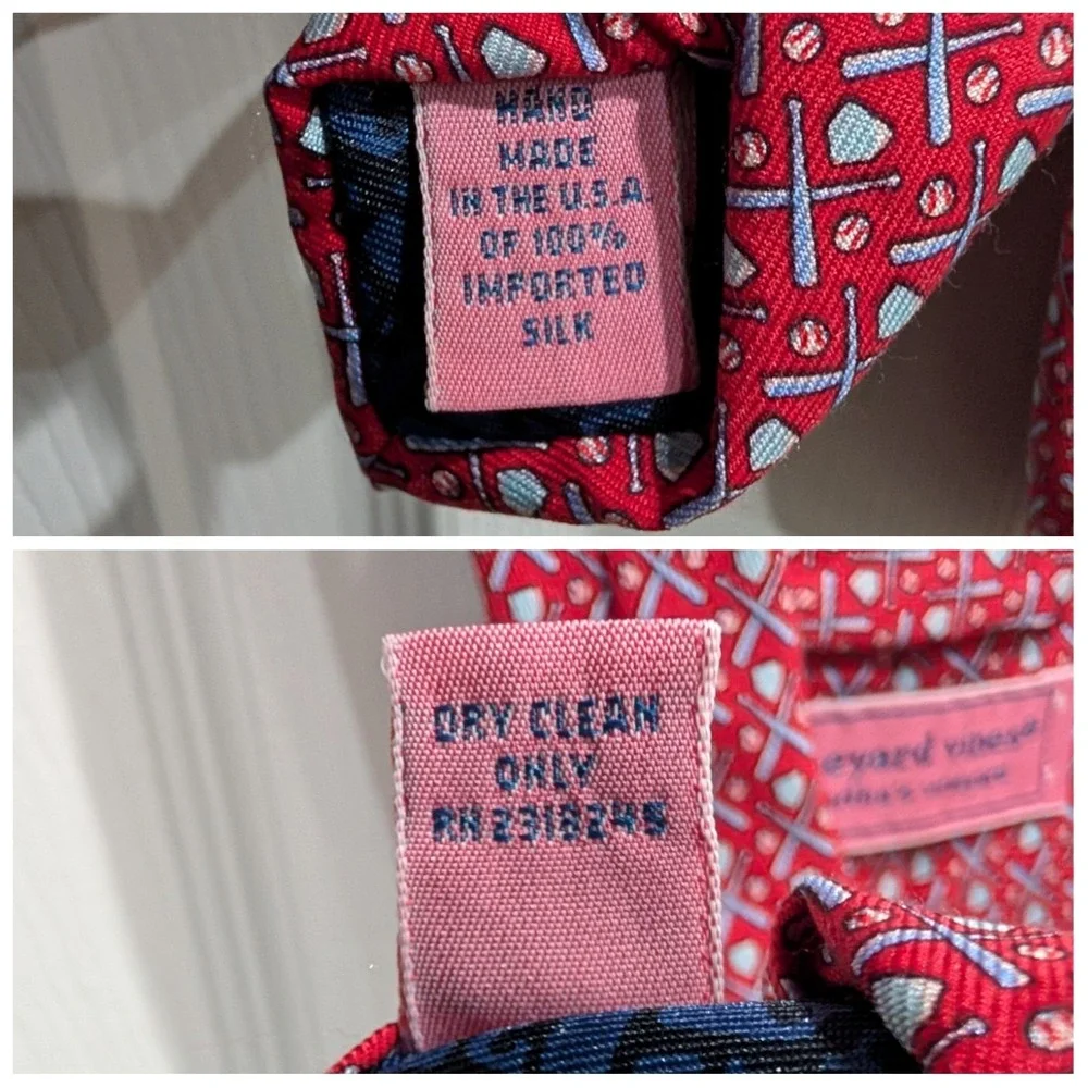 Vineyard Vines Mens Hand Picked Ian & Shep 100% Silk Baseball Bat Tie Red USA